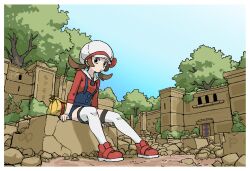  1girl bag black_eyes black_trim blue_overalls blue_sky border bow brown_hair charm_(object) closed_mouth commentary day english_commentary full_body hat hat_bow hat_ribbon highres in-universe_location kyyubea long_sleeves looking_to_the_side lyra_(pokemon) newsboy_cap outdoors overalls pokemon pokemon_heartgold_and_soulsilver red_bow red_ribbon red_shirt red_shoes ribbon rubble ruins shirt shoes sidelocks sitting sky solo sunkern thigh-highs tree twintails unown unown_a unown_b unown_e unown_p unown_s unownglyphics white_border white_hat white_thighhighs yellow_bag 
