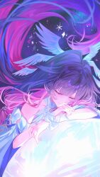  1girl arm_strap bare_shoulders black_hair blunt_bangs bow choker closed_eyes closed_mouth collarbone colored_inner_hair columbina_(genshin_impact) commentary dress eyelashes feathered_wings floating_hair full_moon genshin_impact gradient_hair hair_ornament hair_tubes head_wings highres long_hair long_sleeves moon moonlight multicolored_hair multiple_wings off-shoulder_dress off_shoulder pink_hair sidelocks smile solo star_(sky) starry_sky_background two-tone_hair untranslatable_commentary upper_body very_long_hair white_bow white_choker white_dress wide_sleeves wings wrist_bow xd_yuh182 