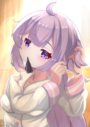  1girl adjusting_hair ahoge alternate_costume azur_lane closed_mouth commentary_request highres long_hair looking_at_viewer mouth_hold one_side_up pajamas purple_hair sakamarujp shirt solo unicorn_(azur_lane) very_long_hair violet_eyes white_pajamas white_shirt 