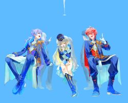  2girls 4boys :d ^_^ aiguillette animal_ears arm_support armband blonde_hair blue_background blue_boots blue_hair blue_hat blue_jacket blue_pants blue_shirt blue_shorts boots cape closed_eyes commentary dog_ears dog_girl dog_tail dual_persona epaulettes facing_away facing_to_the_side facing_viewer from_behind gloves grey_hair grey_tail hand_on_own_knee hat hoshirube_sho idol_clothes index_finger_raised jacket knee_boots laughing long_hair long_sleeves multicolored_hair multiple_boys multiple_girls nijisanji nijisanji_matching_outfit overskirt pants porota_rep510 purple_hair red_cape red_hair school_uniform seraph_dazzlegarden shioriha_ruri shirt short_hair short_shorts shorts sitting smile tail virtual_talent_academy virtual_talent_academy_school_uniform virtual_youtuber white_gloves white_shirt 