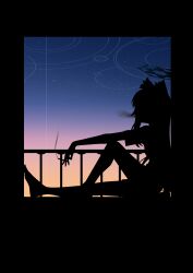  1girl absurdres animal_ear_fluff animal_ears balcony between_fingers black_border blue_archive blue_sky border broken_halo cigarette commentary evening from_side gradient_sky halo highres holding holding_cigarette honi_(honi1010) knee_up long_hair looking_afar night orange_sky outdoors railing shiroko_(blue_archive) shiroko_terror_(blue_archive) silhouette sitting sky smoke smoke_trail smoking solo star_(sky) starry_sky sunset twilight untranslatable_commentary wolf_ears 
