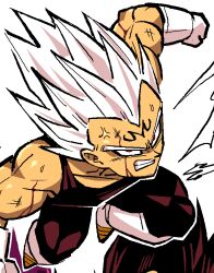  1boy alternate_hair_color anger_vein black_bodysuit blood blood_from_eyes blood_on_arm blood_on_face bodysuit boots clenched_teeth dragon_ball dragon_ball_z dynamic_pose english_commentary facial_mark flying forehead_mark gloves majin_symbol majin_vegeta male_focus multiple_persona muscular muscular_male red_eyes solo spiky_hair teeth teknodice toriyama_akira_(style) vegeta white_boots white_gloves white_hair widow's_peak 