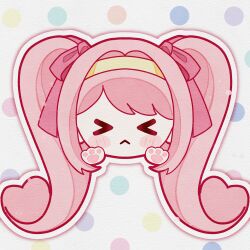 >_< 1girl blush_stickers bow chinese_commentary closed_mouth commentary_request embarrassed frown grey_background hair_bow hair_intakes hairband head_only heart heart-shaped_hair highres light_particles long_hair nikki_(nikki) nikki_(series) outline pawpads pink_bow pink_hair polka_dot polka_dot_background shanfengzhu shining_nikki sidelocks solo straight-on swept_bangs twintails white_outline yellow_hairband 