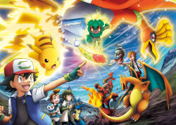  1girl 3boys :d artist_request ash_ketchum baseball_cap bird black_hair black_shirt black_vest blue_jacket blue_shirt blue_sky blurry brown_eyes brown_hair charizard claws clenched_hand clenched_hands clouds colored_sclera commentary cross_(pokemon) day dragon electricity english_commentary fangs fighting fingerless_gloves fire flame-tipped_tail gloves green_eyes green_gloves green_hair hair_between_eyes hat ho-oh holding holding_pokemon incineroar jacket jewelry key_visual layered_sleeves long_sleeves lucario lycanroc lycanroc_(midnight) marshadow marshadow_(zenith) midair mountainous_horizon multiple_boys necklace official_art open_clothes open_jacket open_mouth open_vest orange_eyes orange_hair outdoors outstretched_arm pikachu piplup pointing pokemon pokemon_(anime) pokemon_(creature) pokemon_the_movie:_i_choose_you! promotional_art rainbow_feather_(pokemon) red_eyes red_hat sharp_teeth shirt short_hair short_over_long_sleeves short_sleeves shorts sky smile sorrel_(pokemon) sparkle tail teeth third-party_source upper_teeth_only v-shaped_eyebrows verity_(pokemon) vest white_jacket white_shirt white_shorts yellow_aura yellow_sclera 