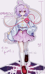  1girl black_hairband blue_shirt buttons closed_mouth collared_shirt commentary_request disembodied_linked_eye eyeball frilled_shirt_collar frilled_sleeves frills full_body hair_ornament hairband heart heart_button heart_hair_ornament highres kneehighs komeiji_satori long_sleeves looking_at_viewer nari_(bikkii) pink_eyes pink_hair pink_skirt pleated_skirt red_shoes ribbon-trimmed_collar ribbon_trim shirt shoes skirt smile socks solo touhou translation_request white_socks wide_sleeves 
