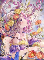  1girl arm_garter bug butterfly collarbone commentary_request dress floating_hair flower flower_wreath from_side hair_flower hair_ornament head_wreath highres jewelry leaf long_hair looking_up multicolored_eyes original painting_(medium) parted_lips purple_dress red_flower solo strapless strapless_dress table traditional_media treasure_chest violet_eyes water_drop watercolor_(medium) yellow_eyes yellow_flower yukoring 