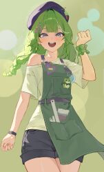  1girl absurdres aqua_eyes arm_at_side beret blue_hat braid character_charm charm_(object) chico_(yuzuha_riko) commentary cowboy_shot denim denim_shorts green_background green_eyes green_hair green_scrunchie green_shirt grey_shorts hair_ornament hairclip hand_up hat hat_ornament heart heart_hair_ornament highres long_hair looking_at_viewer ody_(pixiv_60570549) off-shoulder_shirt off_shoulder open_mouth paintbrush ruler scrunchie shirt short_shorts shorts single_bare_shoulder single_off_shoulder smile solo standing stellive sweat t-shirt virtual_youtuber wrist_scrunchie yuzuha_riko 