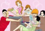  2boys 4girls age_difference black_hair bleach blush breasts brother_and_sister facial_hair family father_and_daughter father_and_son hair_between_eyes hug kuchiki_rukia kurosaki_ichigo kurosaki_isshin kurosaki_karin kurosaki_masaki kurosaki_yuzu long_hair male mother_and_daughter mother_and_son multiple_boys multiple_girls necomata-gi orange_hair short_hair siblings sisters smile time_paradox twins 