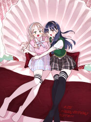  2girls absurdres black_hair blonde_hair blush boku_no_kokoro_no_yabai_yatsu brown_eyes collared_shirt commentary_request green_eyes hanzawa_yurine highres long_hair looking_at_viewer m2bou multiple_girls open_mouth pleated_skirt shirt short_sleeves skirt striped_clothes striped_thighhighs thigh-highs white_shirt yamada_anna zettai_ryouiki 