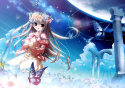  1girl absurdres albino blue_butterfly bow broken_pillar bug butterfly chikotam clouds dress eden_they_were_only_two_on_the_planet field flower flower_field head_wreath highres jacket long_hair moon pillar red_eyes ribbon sion_(eden) sky smile solo star_(sky) yellow_dress 