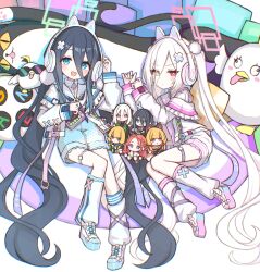  5girls absurdres animal_ear_headphones animal_ears aqua_halo aris_(blue_archive) black_hair blonde_hair blue_archive blue_eyes blue_jacket blue_neckerchief blue_necktie blue_shoes blush cat_ear_headphones cat_ears closed_mouth collared_shirt commentary_request doll eyes_visible_through_hair fake_animal_ears game_development_department_(blue_archive) green_eyes hair_between_eyes hair_over_one_eye halo headphones highres jacket kei_(blue_archive) kei_(student)_(blue_archive) leg_warmers midori_(blue_archive) momoi_(blue_archive) multicolored_jacket multicolored_shoes multiple_girls neckerchief necktie open_mouth peroro_(blue_archive) pink_eyes pink_halo pink_jacket pink_shoes platform_shoes red_hair sepia_(kilikasumi) shirt shoes two-tone_jacket two-tone_shoes violet_eyes wavecat_(blue_archive) white_hair white_jacket white_leg_warmers white_shirt white_shoes yuzu_(blue_archive) 