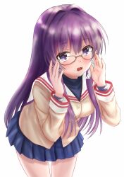  1girl \||/ bespectacled black-framed_eyewear black_shirt blue_skirt blush breasts clannad commentary cowboy_shot fang fujibayashi_kyou glasses hair_between_eyes hair_intakes hair_ribbon hands_up highres hikarizaka_private_high_school_uniform jacket large_breasts leaning_forward long_hair long_sleeves looking_at_viewer miniskirt monosigma268 open_mouth pleated_skirt purple_hair ribbon sailor_collar school_uniform serafuku shirt sidelocks simple_background skin_fang skirt solo straight_hair tress_ribbon turtleneck turtleneck_shirt very_long_hair violet_eyes white_background white_ribbon white_sailor_collar yellow_jacket 