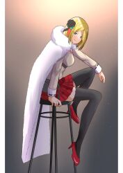  1girl black_flower black_rose black_thighhighs blonde_hair blue_eyes chair coat flower fur-trimmed_coat fur_trim fuyukusa_1 grin heaven_burns_red high_heels highres looking_at_viewer minase_ichigo on_chair open_clothes open_coat rose short_hair sitting smile thigh-highs white_fur 