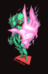  1girl absurdres arm_cannon armor black_background claws commentary english_commentary english_text froggygoodman glowing glowing_hand green_armor green_aura green_helmet helmet highres looking_at_viewer metroid metroid_dread metroid_ravenous metroid_suit nintendo power_suit_(metroid) purple_aura red_assault_visor samus_aran science_fiction shoulder_spikes simple_background solo spiked_armor spikes square variant_set weapon 