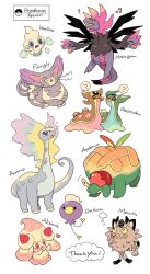  1girl :d alcremie alcremie_(ruby_swirl) alcremie_(strawberry_sweet) appletun aurorus balloon black_eyes blue_eyes blue_gem blue_sclera brown_fur cat character_name chikafuji colored_sclera commentary_request crying crying_with_eyes_open dewlap dinosaur dragon drifloon fangs food-themed_hair_ornament full_body galarian_meowth gastrodon gastrodon_(east) gastrodon_(west) gem grey_fur hair_ornament hydreigon looking_at_viewer multiple_heads open_mouth pokemon pokemon_(creature) pokemon_focus purugly red_eyes simple_background smile standing strawberry_hair_ornament tears thank_you vanillite white_background white_fur yellow_eyes 