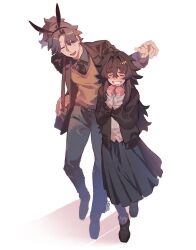  1boy 1girl :d ahoge artist_name bag bags_under_eyes black_hair black_hairband black_jacket black_necktie blue_pants blue_skirt blush closed_eyes collared_shirt crossed_bangs curtained_hair degrees_of_lewdity facing_another full_body green_eyes grey_shirt hair_between_eyes hair_intakes hairband hands_up hanstrmoft happy height_difference high_ponytail highres jacket kylar_(degrees_of_lewdity) kylar_(female)_(degrees_of_lewdity) lapels leaning_forward long_hair long_sidelocks long_skirt long_sleeves necktie notched_lapels open_clothes open_jacket own_hands_together pants parted_bangs player_character_(degrees_of_lewdity) player_character_(male)_(degrees_of_lewdity) pleated_skirt ponytail raised_inner_eyebrows shirt short_hair shoulder_bag sidelocks simple_background skirt smile sweater v-neck very_long_hair walking white_background white_shirt yellow_sweater 