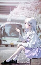  1girl absurdres ayatsuno_yuni black_shoes bow bus commentary_request day from_side full_body hair_ornament hand_up highres korean_commentary long_hair motor_vehicle open_mouth outdoors oxoxozoa photo-referenced photo_background purple_bow purple_skirt sailor_collar school_uniform serafuku shirt shoes sitting skirt socks solo stellive straight_hair violet_eyes virtual_youtuber white_hair white_sailor_collar white_shirt white_socks x_hair_ornament 
