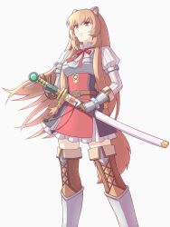  1girl :| animal_ear_fluff animal_ears armor armored_boots belt black_dress boots breastplate breasts brown_armor brown_belt brown_boots brown_hair closed_mouth commentary_request cowboy_shot dress floating_hair gauntlets grey_armor grey_boots hair_between_eyes highres holding holding_sheath katana keints layered_dress leather leather_armor leather_boots long_hair medium_breasts metal_arm_cuffs metal_wrist_cuffs multicolored_boots neck_ribbon pinstripe_dress pinstripe_pattern raccoon_ears raccoon_girl raccoon_tail raphtalia red_dress red_eyes red_ribbon ribbon sheath short_dress simple_background solo straight_hair sword tail tanuki tate_no_yuusha_no_nariagari thigh_boots two-tone_armor two-tone_boots two-tone_dress v-shaped_eyebrows vassal_katana_(beginner's_katana)_(tate_no_yuusha_no_nariagari) vassal_katana_(tate_no_yuusha_no_nariagari) weapon white_background white_dress zettai_ryouiki 