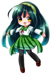  1girl absurdres ahoge black_pantyhose brown_shoes chibi chibi_only edomura_niniko full_body green_hair green_hairband green_sailor_collar green_skirt hairband highres long_hair long_sleeves neck_ribbon official_art outstretched_arms pantyhose pleated_skirt red_ribbon ribbon sailor_collar school_uniform second-party_source serafuku shirt shoes simple_background skirt solo spread_arms standing standing_on_one_leg touhoku_zunko transparent_background very_long_hair voiceroid white_shirt yellow_eyes 