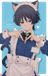  1boy absurdres alternate_costume anemo_symbol_(genshin_impact) animal_ear_fluff animal_ears apron bishounen black_bow black_bowtie blue_background blue_bow blue_gem blue_shirt blue_sleeves blue_trim blunt_ends border bow bowtie bright_pupils brooch cat_boy cat_ears cat_tail choppy_bangs closed_mouth collared_shirt commentary_request contemporary contrast_collar crossdressing crossdressing_(mtf) enmaided expressionless eyeliner feathers fingernails four-finger_heart_hands frilled_apron frills gem genshin_impact gold hair_bow hands_up heart heart_hands highres jewelry juliet_sleeves long_sleeves looking_at_viewer maid maid_headdress makeup male_focus male_maid milestone_celebration pom_pom_(clothes) puffy_sleeves red_eyeliner saekiya_sabou scaramouche_(genshin_impact) shirt solo tail tsurime variant_set violet_eyes vision_(genshin_impact) waist_apron white_border white_pupils wolf_cut yellow_feathers 