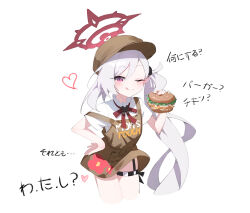  1girl :q ;q absurdres alternate_costume apron blue_archive blush brown_apron brown_hat burger collared_shirt commentary_request cowboy_shot cropped_legs food hair_ornament halo hand_on_own_hip hat heart highres holding holding_food honi_(honi1010) long_hair looking_at_viewer mesugaki mutsuki_(blue_archive) neck_ribbon one_eye_closed red_halo red_ribbon ribbon shirt short_sleeves side_ponytail simple_background smile solo thigh_strap thighs tongue tongue_out very_long_hair violet_eyes white_background white_hair white_shirt 