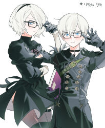  1boy 1girl 2b_(nier:automata) 9s_(nier:automata) black_dress black_gloves black_hairband blue_eyes boots breasts choker cleavage_cutout clothing_cutout commentary_request dress dyoobw feather-trimmed_sleeves feather_trim glasses gloves hairband highres jacket juliet_sleeves korean_commentary long_sleeves mole mole_under_mouth nier:automata nier_(series) no_blindfold puffy_sleeves thigh-highs thighhighs_under_boots white_hair 