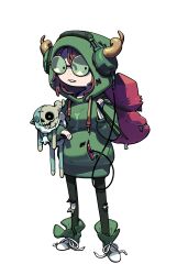  1girl adventure_time adventure_time:_fionna_and_cake ass backpack bag billy_(adventure_time) bone buck_teeth character_doll design_speculation discount-supervillain doll fake_horns freckles genderswap genderswap_(mtf) glasses golb_(adventure_time) headphones highres hood hood_up hoodie horns humanization lich_(adventure_time) pants pendleton_ward_(style) shoes sneakers teeth toon_(style) torn_clothes torn_pants 