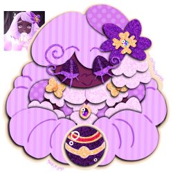  1girl artist_name ascot beret bow braid closed_eyes commentary dark-skinned_female dark_skin dollsandlambs dress english_commentary eyeliner frilled_ascot frills hat hat_bow highres jacinthe_(pokemon) low_drills luxury_ball makeup outline poke_ball pokemon pokemon_legends:_z-a purple_bow purple_dress purple_eyeliner purple_hat reference_inset smile solo very_dark_skin very_long_braid yellow_bow yellow_outline 