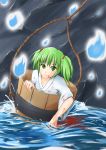  blood blood_on_face blood_stain bucket canoka eyelashes green_eyes green_hair hair_bobbles hair_ornament hitodama in_bucket in_container japanese_clothes kimono kisume light_smile looking_at_viewer rope short_hair solo touhou twintails water 