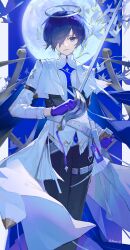  1boy :| absurdres arknights artist_name belt bishounen blue_eyes blue_gloves blue_hair blue_theme closed_mouth feet_out_of_frame gloves hair_over_one_eye highres holding holding_sword holding_weapon itsuka_yiguo looking_at_viewer male_focus persona persona_3 persona_3_reload short_hair solo sword weapon yuuki_makoto_(in_witness_of_glory)_(persona_3) yuuki_makoto_(persona_3) 
