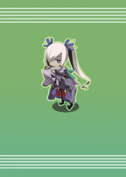  1boy 1girl black_bridal_gauntlets blue_flower bridal_gauntlets bright_pupils carrying chibi chibi_only comedic_sweatdrop commentary_request dan_(orange_train) digitigrade dress flower full_body furry furry_male green_background green_dress hair_flower hair_ornament looking_at_viewer mononofu_(sekaiju) mononofu_3_(sekaiju) multiple_girls muscular muscular_male mystic_(sekaiju) mystic_2_(sekaiju) pants piggyback purple_pants sekaiju_no_meikyuu sekaiju_no_meikyuu_4 shadow sparkling_eyes spiky_hair topless_male twintails white_pupils wolf_boy 