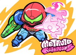  1girl arm_cannon armor assault_visor bisyo0408wksk blue_armor chibi commentary_request copyright_name full_armor glowing_arm green_assault_visor helmet highres metroid metroid_ravenous multicolored_armor normal_suit_(metroid) power_armor power_suit_(metroid) red_helmet samus_aran weapon 