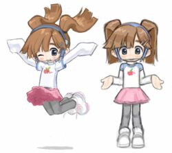  1girl 482egg apple_print blue_eyes blush braces brown_hair child commentary english_commentary food_print fruit_print full_body grey_leggings hair_ornament hairclip jumping layered_sleeves leggings leggings_under_skirt long_sleeves multiple_views one_eye_closed original parallel_hairclips raglan_sleeves sawyer_(482egg) shirt shoes short_over_long_sleeves short_sleeves sleeves_past_fingers sleeves_past_wrists sneakers tareme tutu twintails white_background white_shirt 