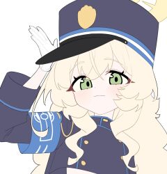  1girl arm_up armband blonde_hair blue_archive blue_armband blue_hat blue_jacket blush buttons closed_mouth commentary cosplay cropped_jacket gloves green_eyes hair_between_eyes halo hand_on_headwear hand_up hat highres hikari_(blue_archive) hikari_(blue_archive)_(cosplay) honi_(honi1010) jacket long_hair long_sleeves looking_at_viewer midriff peaked_cap professor_niyaniya_(blue_archive) salute simple_background solo untranslatable_commentary upper_body white_background white_gloves yellow_halo 