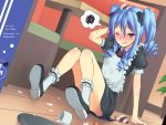  blue_eyes blue_hair drill_hair kerikaza long_hair original solo waitress 