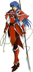  1girl armor blue_eyes blue_hair caeda_(fire_emblem) fingerless_gloves fire_emblem fire_emblem:_mystery_of_the_emblem full_body gloves highres holding holding_polearm holding_weapon koya_katsuyoshi long_hair looking_at_viewer official_art open_mouth polearm red_armor red_gloves red_shoes shoes shoulder_armor solo teeth transparent_background upper_teeth_only weapon 