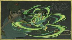  1girl blue_tunic brown_shoes character_name copyright_name faux_traditional_media fire_emblem fire_emblem:_the_blazing_blade full_body green_eyes green_hair green_hakama hakama high_ponytail holding holding_sword holding_weapon japanese_clothes long_hair looking_at_viewer lyn_(fire_emblem) nihonga ponytail shoes solo sword tunic ukiyo-e weapon yonaga_nagaduki zoom_layer 