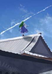  1girl absurdres architecture blue_skirt brown_shoes commentary_request contrail day detached_sleeves east_asian_architecture facing_away gasubanana gohei green_hair hand_on_own_hip heel_up highres holding holding_gohei kochiya_sanae leggings long_hair long_skirt long_sleeves no_lineart on_roof outdoors shirt shoes skirt solo standing touhou white_leggings white_shirt white_sleeves wide_sleeves 