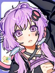  1girl absurdres ahoge arm_up black_jacket blush border collarbone commentary_request criss-cross_halter hair_ornament halterneck highres hinohari_(user_wzxk7585) jacket long_sleeves looking_at_viewer open_clothes open_jacket open_mouth outside_border purple_border purple_hair short_hair_with_long_locks sidelocks simple_background solo upper_body violet_eyes vocaloid voiceroid white_background yuzuki_yukari 