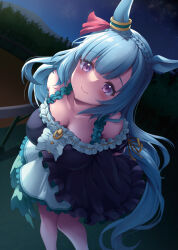  1girl animal_ears asymmetrical_gloves asymmetrical_sleeves awa_yume bare_shoulders black_dress blue_hair blush braid breasts center_frills comiket_102 crown_braid dress ear_ornament ear_ribbon frills gloves hair_ornament highres horse_ears horse_girl horse_tail long_hair looking_at_viewer mejiro_ardan_(crystalline)_(umamusume) mejiro_ardan_(umamusume) night off-shoulder_dress off_shoulder pinwheel pinwheel_hair_ornament racetrack smile solo tail umamusume uneven_sleeves violet_eyes 