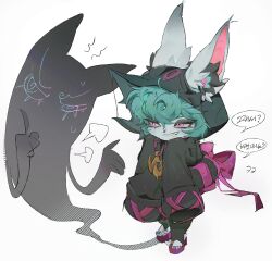  1girl animal_ears black_hoodie colored_skin ears_through_headwear green_hair hands_on_own_cheeks hands_on_own_face highres hood hood_up hoodie league_of_legends lisan_(vexnalrum) living_shadow long_sleeves pink_eyes ribbon short_hair simple_background sleeves_past_wrists smirk solo vex_(league) white_background yordle 