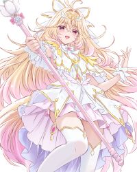  1girl antenna_hair blonde_hair bow brooch capelet commentary_request cure_arcana cutlass_(classic_chocolate) dress feathers frilled_capelet frilled_cuffs frills gradient_hair hair_intakes heart heart_brooch highres holding holding_staff jewelry long_hair looking_at_viewer mage_staff magical_girl meitantei_precure! moria_luluka multicolored_hair open_mouth precure shine_arcana_rod simple_background smile staff thigh-highs transparent_background veil very_long_hair white_capelet white_dress white_veil winged_heart wrist_cuffs 