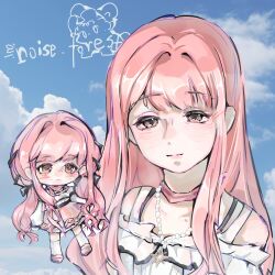  1girl bare_shoulders bead_necklace beads belt black_belt black_bow black_ribbon blue_sky blush bow bow_choker bowtie bra_strap brown_eyes chibi chinese_commentary choker closed_mouth clouds commentary_request day dot_nose expressionless eyelashes frilled_skirt frills hair_bow hair_intakes hair_ribbon hair_undone high-waist_skirt highres infinity_nikki jewelry kneehighs layered_skirt light_smile lipstick long_hair long_sidelocks long_sleeves looking_at_viewer low_twintails makeup mary_janes multiple_views necklace nikki_(nikki) nikki_(series) noifer._nuo off-shoulder_shirt off_shoulder outdoors perfect_start_(infinity_nikki) photo_background pink_bow pink_bowtie pink_choker pink_hair pink_lips pink_shoes pink_skirt print_skirt puffy_long_sleeves puffy_sleeves ribbon shirt shoes sidelocks signature single_stripe skirt sky snowflake_print socks star_(symbol) star_necklace striped_bow striped_bowtie striped_choker striped_clothes tress_ribbon twintails upper_body very_long_hair watermark wavy_hair white_shirt white_skirt white_socks 