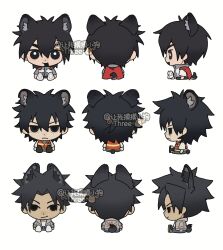  1boy 3boys absurdres animal_ears artist_name black_eyes black_hair black_shorts black_socks blue_pants bright_pupils brown_shoes cape cat_boy cat_ears cat_tail chibi chibi_only chinese_commentary commentary_request crescent_print crown dog_boy dog_ears dog_tail false_memory gold_crown green_pants grey_shirt guan_chao_(false_memory) halo he_mingshuo high-visibility_clothing high-visibility_vest high_collar high_tops highres id_card jacket male_focus mini_crown mouse_boy mouse_ears mouse_tail multiple_boys multiple_views open_clothes open_jacket open_mouth orange_vest outline pants pants_rolled_up print_jacket protagonist_halo rangwomomoxiaogou red_cape sandals shirt shoelaces shoes short_sleeves shorts simple_background sitting sleeves_rolled_up slides sneakers socks spiky_hair sword_print tail tear_troughs turnaround vest white_outline white_pupils white_shirt white_shoes wing_print 