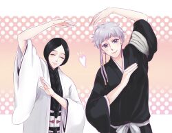  2girls anno_im badge black_hair black_kimono bleach braid closed_eyes commentary_request earrings fukutaichou_badge grey_hair haori heart heart_arms heart_arms_duo height_difference japanese_clothes jewelry kimono kotetsu_isane multiple_girls obi sash shihakusho short_hair_with_long_locks single_braid single_sidelock taichou_haori unohana_retsu white_haori 