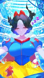  1girl absurdres air_bubble asymmetrical_horns black_hair black_horns blue_hair blue_shirt bow bow_hairband breasts bubble cape closed_eyes colored_inner_hair commentary cosplay demon_horns dot_nose english_commentary flower hairband high_collar highres hololive hololive_english horn_flower horns jailbird_(nerissa_ravencroft) large_breasts mole mole_under_eye multicolored_hair nerissa_ravencroft parted_bangs parted_lips puffy_short_sleeves puffy_sleeves red_bow red_cape red_hairband shirt short_hair short_sleeves skirt sleeping snow_white_(disney) snow_white_(disney)_(cosplay) snow_white_and_the_seven_dwarfs_(disney) solo teeth thekaiyip two-tone_hair uneven_horns virtual_youtuber yellow_skirt zzz 