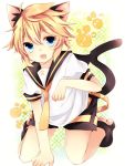  animal_ears blonde_hair blue_eyes cat_ears cat_tail highres kagamine_len leeannpippisum male open_mouth polka_dot polka_dot_background shorts solo tail vocaloid 