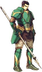  1boy armor breastplate facial_hair fire_emblem fire_emblem:_the_sacred_stones full_body gilliam_(fire_emblem) goatee green_armor grey_pants grey_shoes holding holding_polearm holding_weapon leg_armor looking_to_the_side mature_male official_art pants polearm serious shoes short_hair shoulder_armor solo transparent_background wada_sachiko weapon 