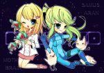  ;d blonde_hair blue_eyes blush chibi cooger hair_ornament hairpin kneeling little_birdy long_hair melissa_bergman metroid metroid:_other_m metroid_(creature) metroid_other_m multiple_girls open_mouth ponytail ridley samus_aran short_hair skirt smile spoilers wink zero_suit 