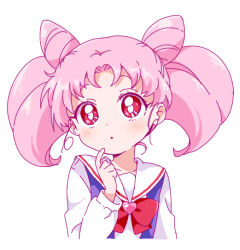  1girl :o bad_id bad_pixiv_id bishoujo_senshi_sailor_moon bow bowtie chibi_usa collarbone commentary_request cone_hair_bun cropped_torso curtained_hair dot_nose double_bun finger_to_own_chin hair_bun hand_up heart index_finger_raised juuban_elementary_school_uniform light_blush long_sleeves looking_at_viewer namori parted_bangs parted_lips pink_hair red_bow red_bowtie red_eyes sailor_collar school_uniform serafuku simple_background solo twintails upper_body white_background white_sailor_collar 